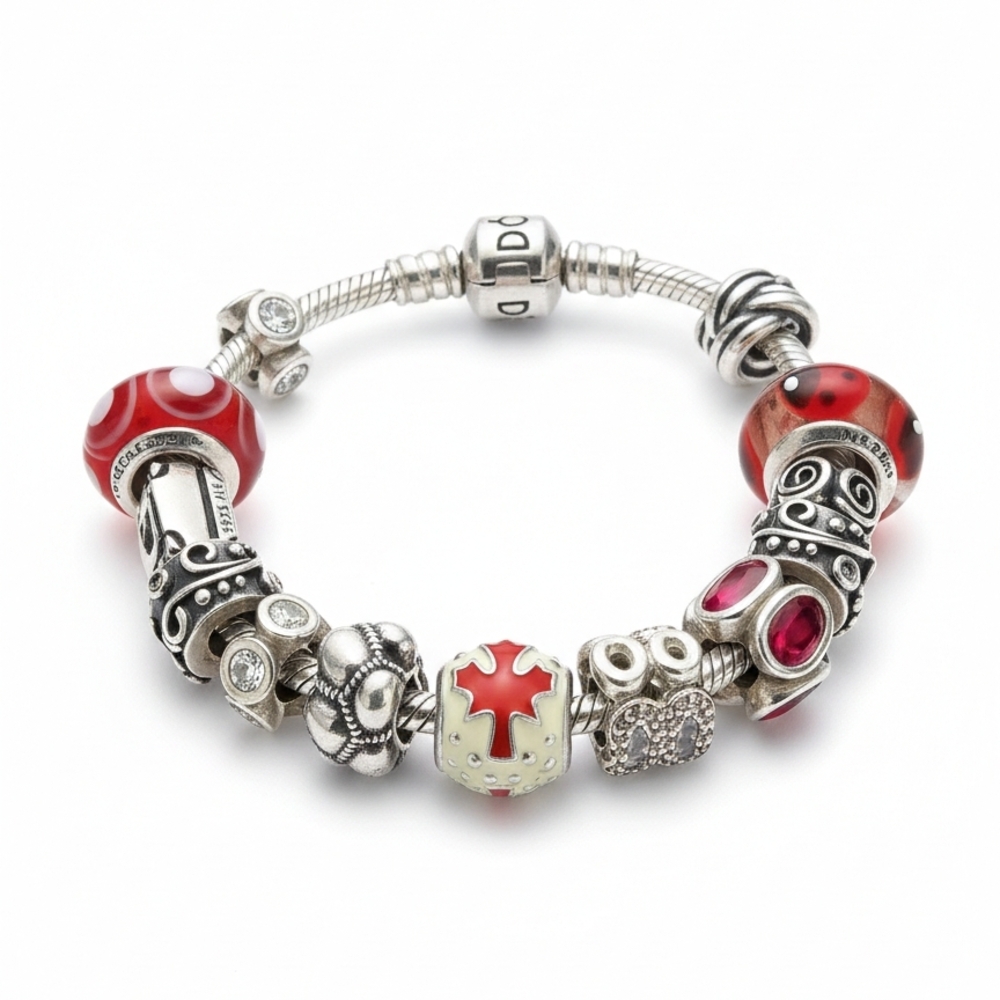 Pandora Authentic Elegant Silver/Red Charm Bracelet